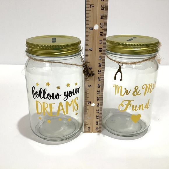 Pair of Glass Screw Top Jar Coin Banks Dreams Wedding w/ Charms NEW - Picture 4 of 6